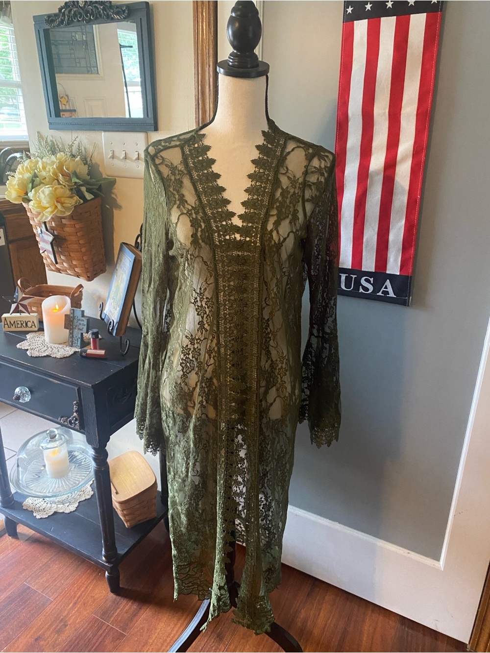 Olive Green Sheer Lace Duster